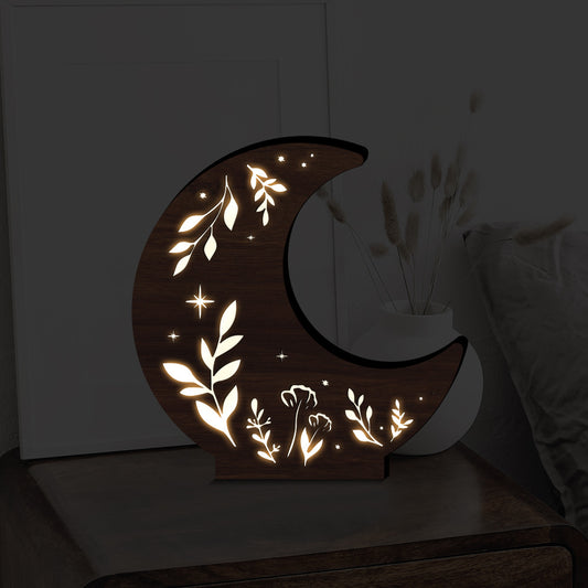 Crescent Moon Botanical Lamp | Wooden Night Light