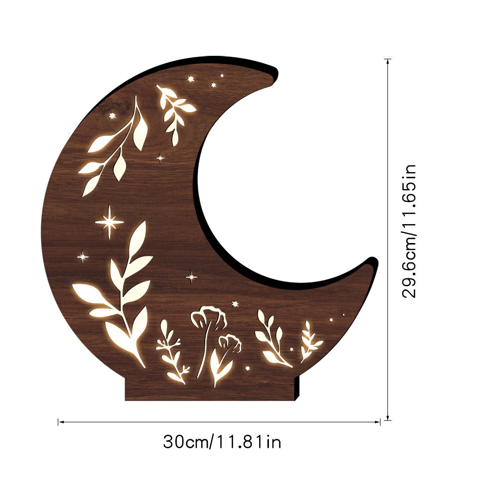 Crescent Moon Botanical Lamp | Wooden Night Light