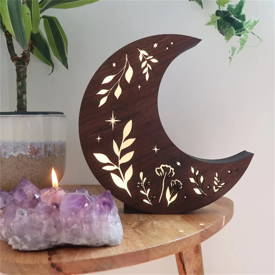 Crescent Moon Botanical Lamp | Wooden Night Light